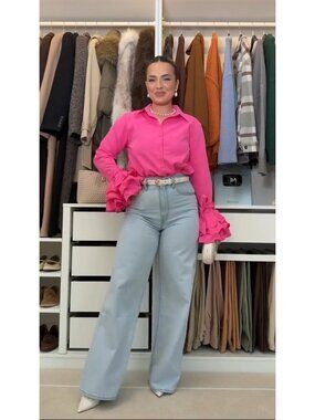 Women's Pink High Neck Button Down Long Sleeve SOLID Work Blouse Shirt